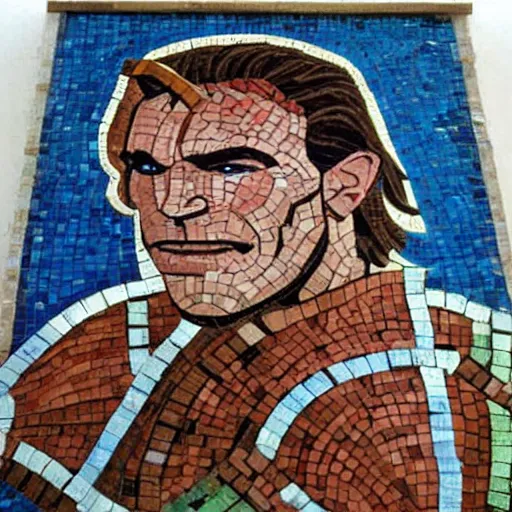 Image similar to ancient greek mosaic of arnold schwarzenegger as link from zelda