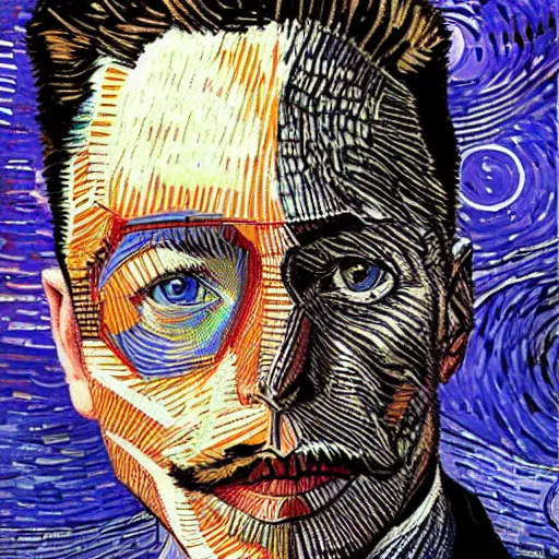 Image similar to portrait of elon musk, mashup between mc escher and vincent van gogh