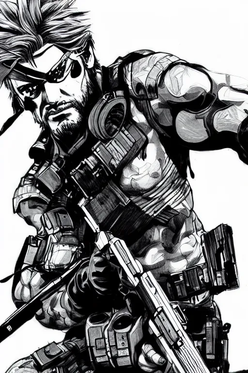 Image similar to solid snake from metal gear, sumi - e style, masterful, ultrafine hyperdetailed illustration, concept art, detailed, intricate linework, art by yoji shinkawa