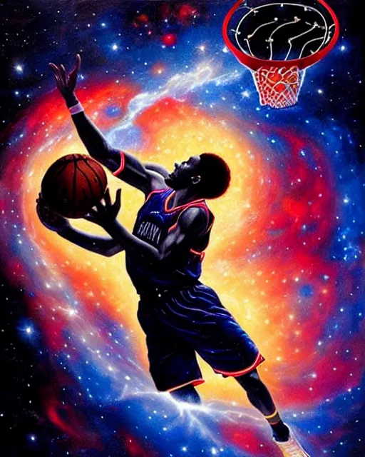 Image similar to cosmic basketball player dunking a basketball hoop in a nebula, an oil painting, by ( leonardo da vinci ) and greg rutkowski and rafal olbinski and ross tran, award - winning magazine cover