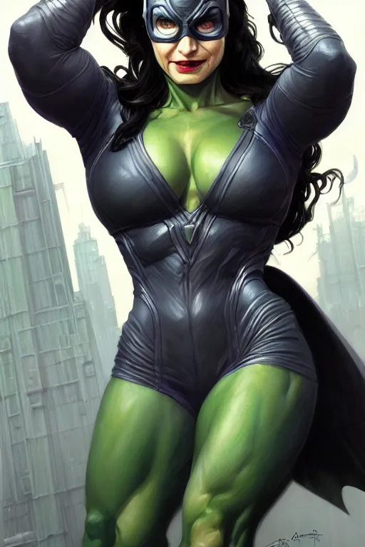 Image similar to clear portrait of a superhero concept between catwoman and hulk, cottagecore!!, background hyper detailed, character concept, full body, dynamic pose, intricate, highly detailed, digital painting, artstation, concept art, smooth, sharp focus, illustration, art by artgerm and greg rutkowski and alphonse mucha