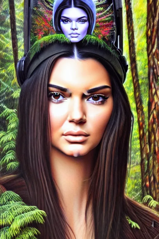 Prompt: realistic detailed face portrait painting of the beautiful kendall jenner with long hair with sci-fi headwear, futuristic sci-fi forest on background by HR GIGER