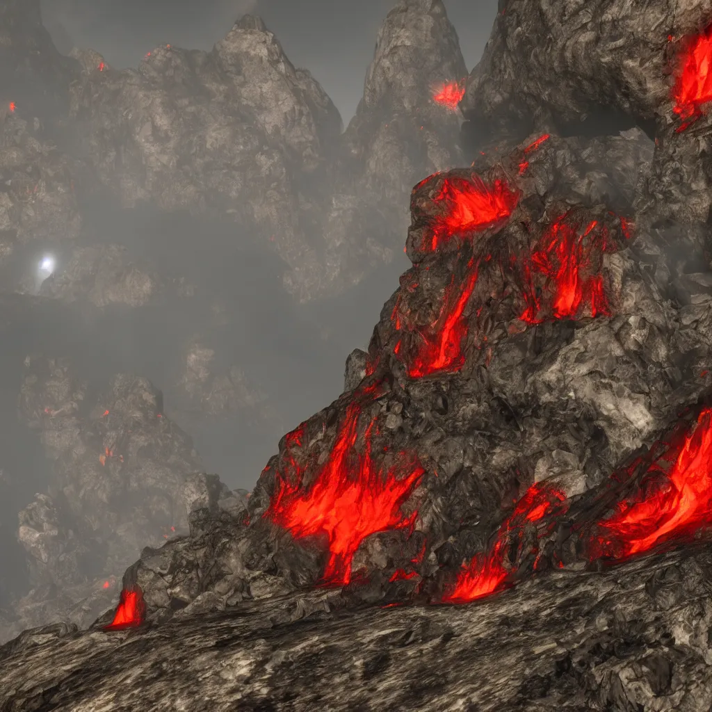Prompt: satanic mountain goats with glowing red eyes on a sheer obsidian cliffside with lavaflow, lava waterfalls, skyrim gameplay screenshot, dark souls, epic