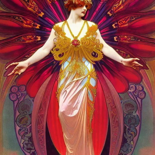 Image similar to a beautiful orchid phoenix angel woman, in an ornamented dress with large, volumetric light, god rays, 8 k high resolution, rubies, by alphonse mucha