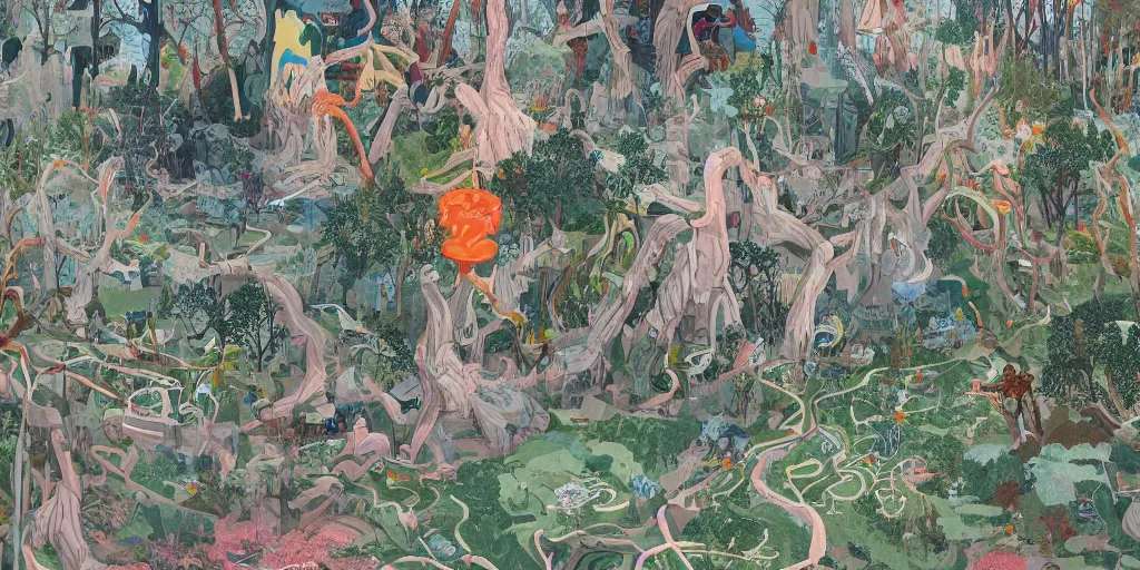 Image similar to painted forest landscape in the year 2020 with a single small brutalism monument in the center by james jean