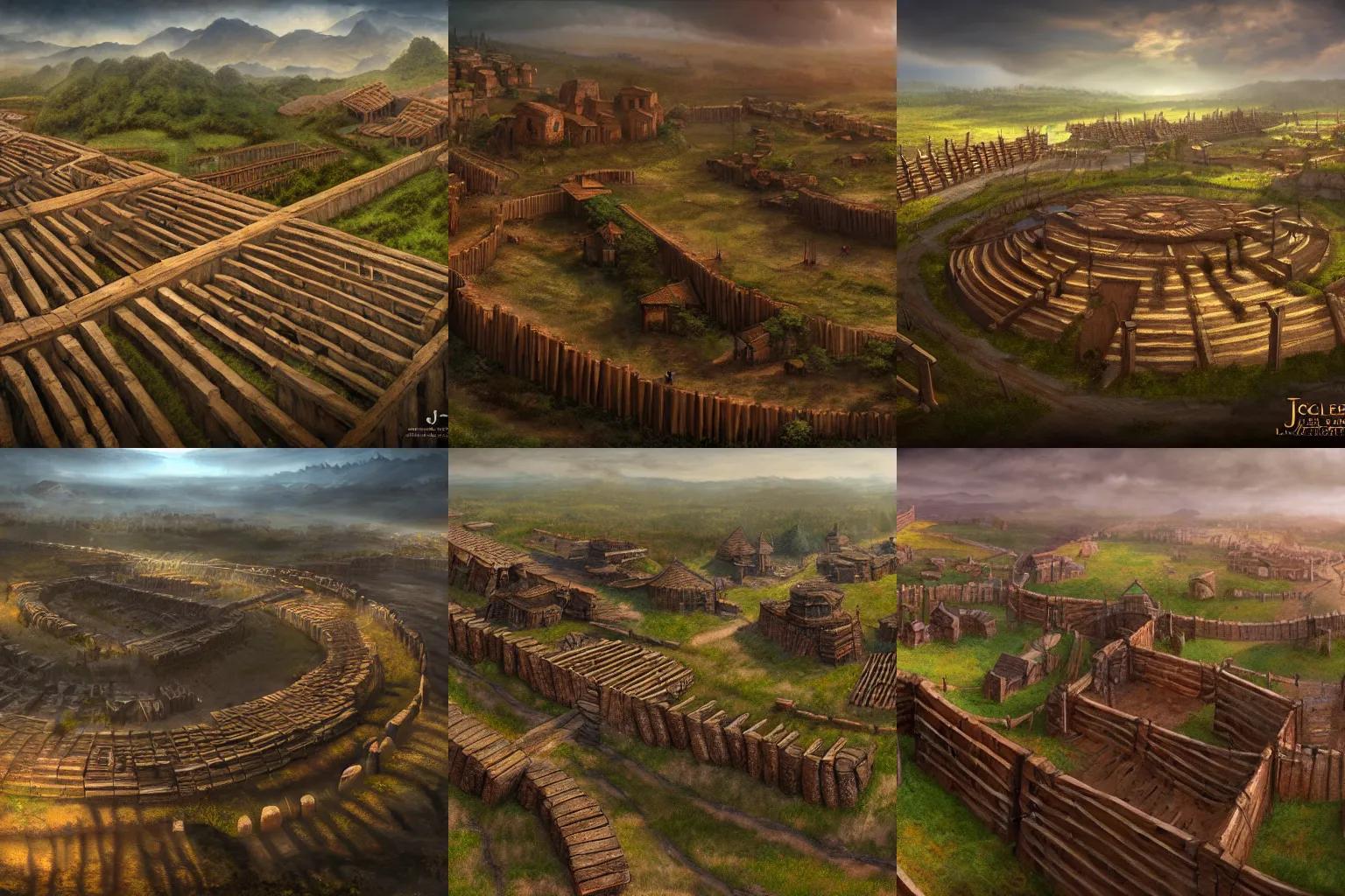 Prompt: Aerial wide shot of distant huge circular wooden palisade wall surrounding a medieval village, daylight, matte fantasy painting, DeviantArt Artstation, by Jason Felix by Steve Argyle by Tyler Jacobson, cinematic lighting