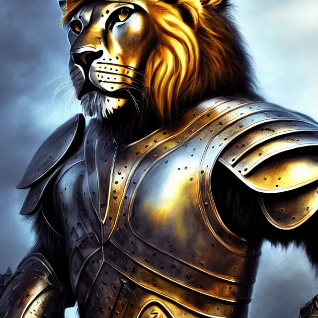 Prompt: warrior with metal lion armour, highly detailed, 4 k, hdr, smooth, sharp focus, high resolution, award - winning photo, artgerm, photorealistic