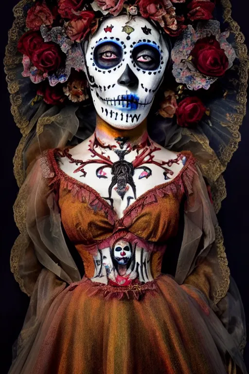 Image similar to 1 9 3 0's virgin mary dia de muertos dress and make up, horrific beautiful vibe, evocative, atmospheric lighting, painted, intricate, highly detailed, leesha hannigan, wayne haag, reyna rochin, ignacio fernandez rios, mark ryden, iris van herpen, stunning, gorgeous, sharp focus, cinematic, masterpiece