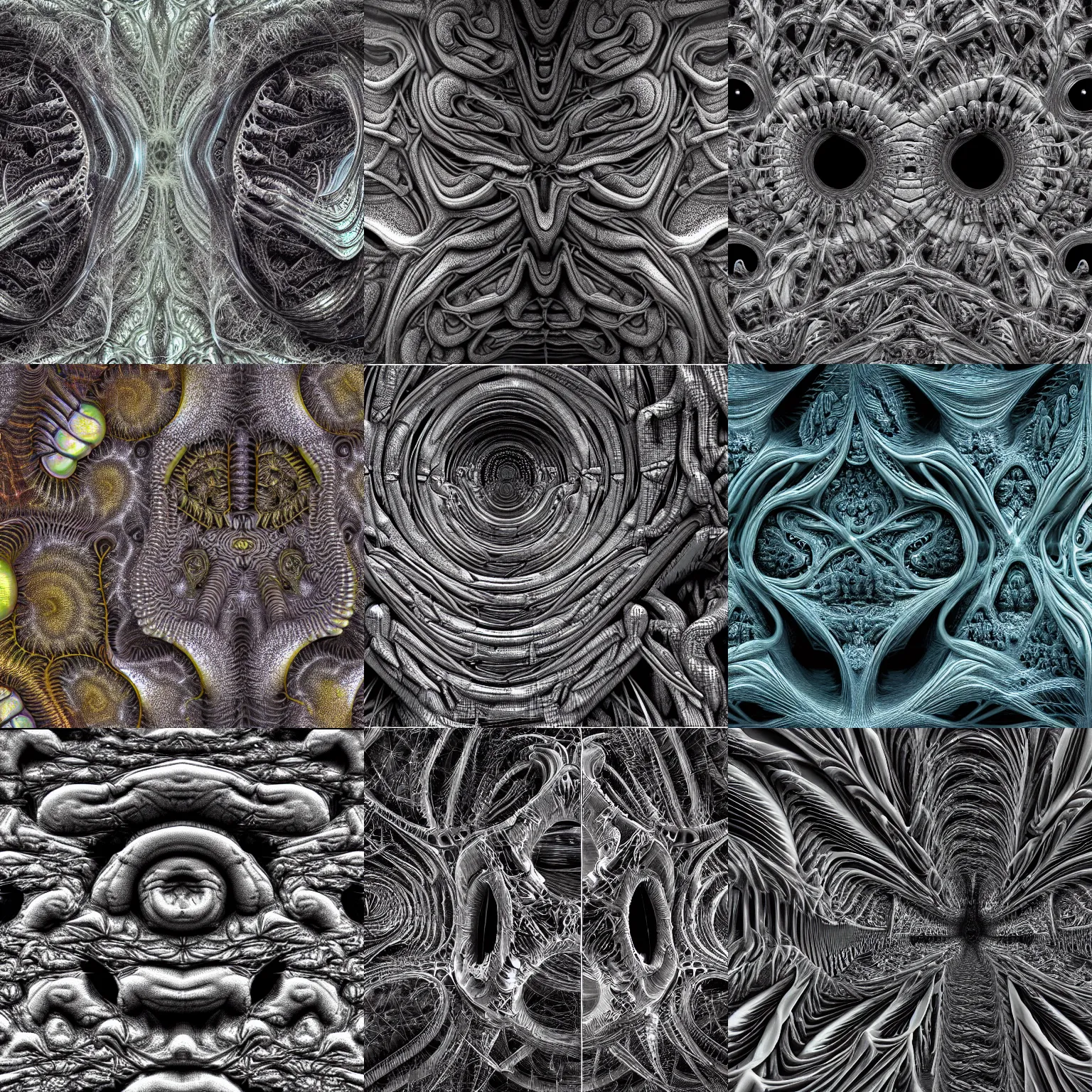 Prompt: biological fractal electron microscopy colorized hyperrealistic giger 8 k
