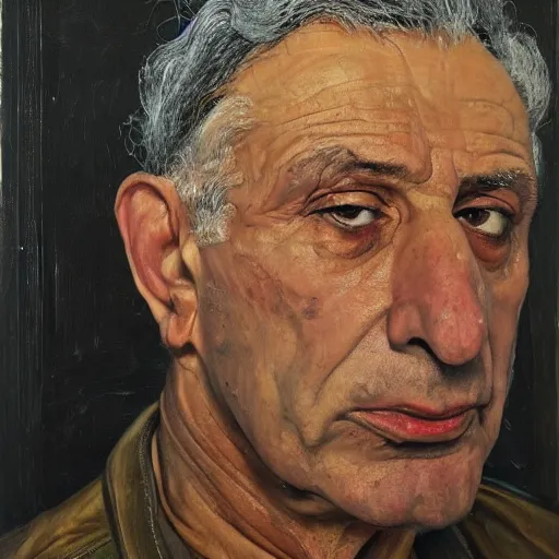 Image similar to high quality, high detail, realistic portrait of bahram beyzai, painted by lucian freud, dramatic lighting, cinematic composition