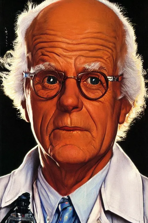 Prompt: dr emmet brown from back to the future painted by norman rockwell