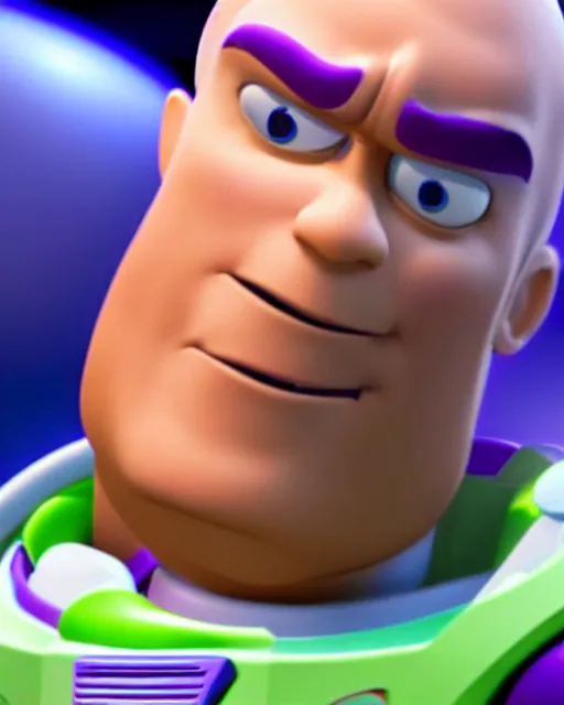 Image similar to Film still close-up shot of Dwayne Johnson as Buzz Lightyear in the movie Toy Story 3. Photographic, photography