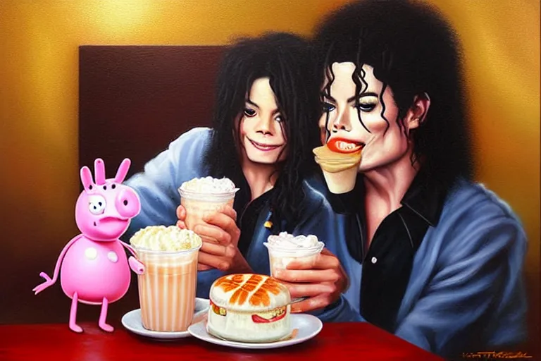 Image similar to michael jackson sharing a milkshake with peppa pig late night, an oil painting by ross tran and thomas kincade