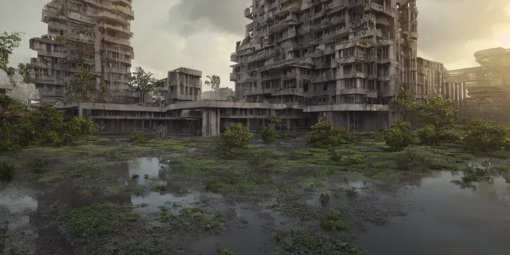 Prompt: an extremely detailed building, ancient brutalist architecture, streetscapes, surrounded by lush green forest and murky ponds of water, stunning volumetric lighting, sunset, rusted steel, smooth solid concrete, stunning skies, trending on Artstation, 8k, photorealistic, hyper detailed, unreal engine 5, IMAX quality, cinematic, epic lighting, in the style of the game DOOM, by Greg Rutkowski