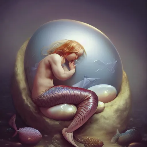 Prompt: a baby mermaid sleeping in an egg, ultrarealistic, dramatic lighting, high details, 4 k, 8 k, best, accurate, trending on artstation, artstation, photorealism, ultrarealistic, digital painting, style of peter mohrbacher, caravaggio, boris vallejo