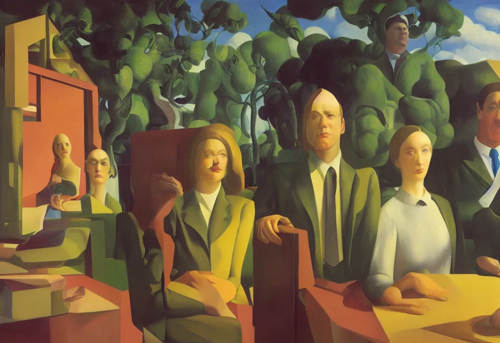 Image similar to three of people pictured in afternoon light, background of surreal architecture with an open ceiling, trees and absurd objects : : close - up of the faces, surrealist oil painting by edward hopper, dora maar and rene magritte