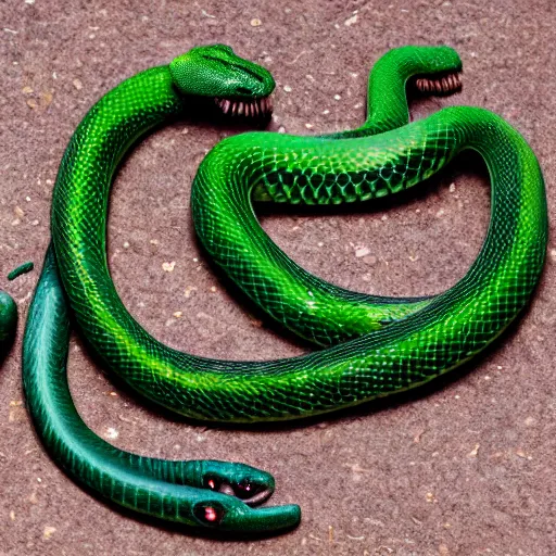 Image similar to long green reptile with snake head and snake eyes and fangs and with scales and snake tail