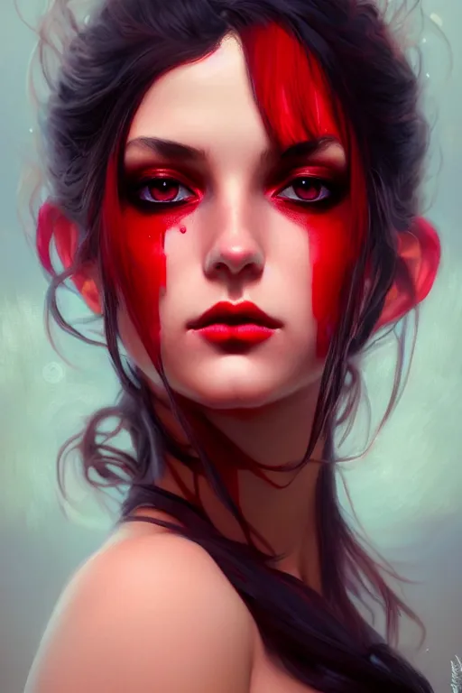 Prompt: a beautiful girl with red makeup in the eyes, fantasy, portrait, sharp focus, intricate, elegant, digital painting, artstation, matte, highly detailed, concept art, illustration, ambient lighting, art by ilya kuvshinov, artgerm, Alphonse mucha, and Greg Rutkowski