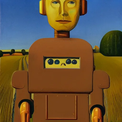 Image similar to robot portrait farmland, grant wood, american gothic from grant wood style