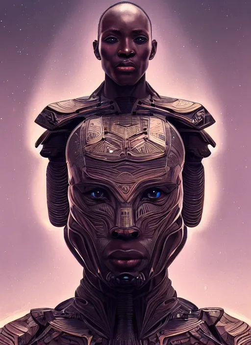 Image similar to symmetry!! portrait of an african warrior, sci - fi armour, tech wear, muscular!! sci - fi, intricate, elegant, highly detailed, digital painting, artstation, concept art, smooth, sharp focus, illustration, art by artgerm and greg rutkowski and alphonse mucha