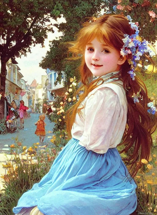 Image similar to a cute little girl with long golden hair wearing a sky blue shirred summer dress smiles in the square of a french village, beautiful painting by artgerm and greg rutkowski and alphonse mucha