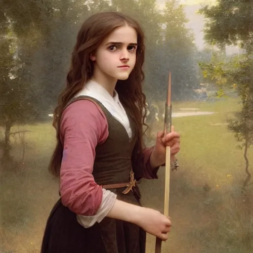 Image similar to painting. [ young ] emma watson as hermione granger 2 0 0 4. prisoner of azkaban. cheerful. happy. art by william adolphe bouguereau. during golden hour. extremely detailed. beautiful. 4 k. award winning.