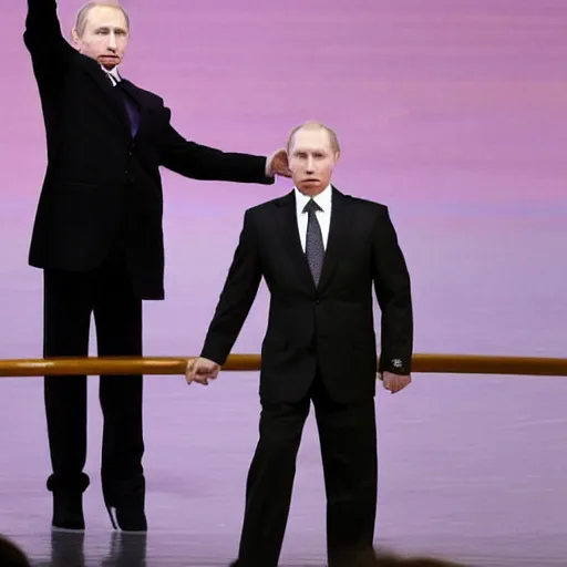 Image similar to Vladimir Putin dressed as a ballerina on a stage, the public laughs of him,