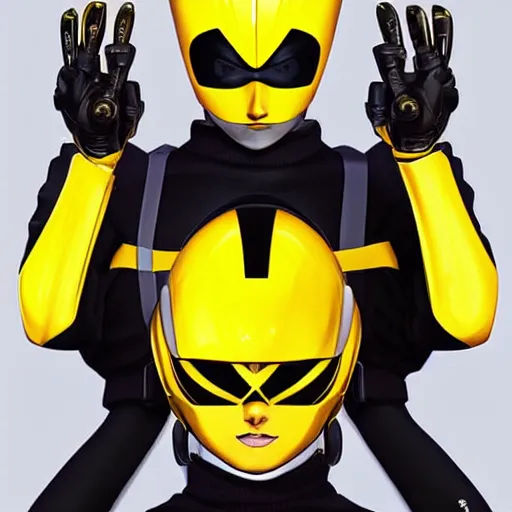 Image similar to symmetry!! yellow ranger, thunderbolt - helmet!!, artstation, art by murata, art by oda echiiro, art by tatsuki fujimoto, lightning helmet, 3 d, jumpsuit, gloves, futuristic poster,