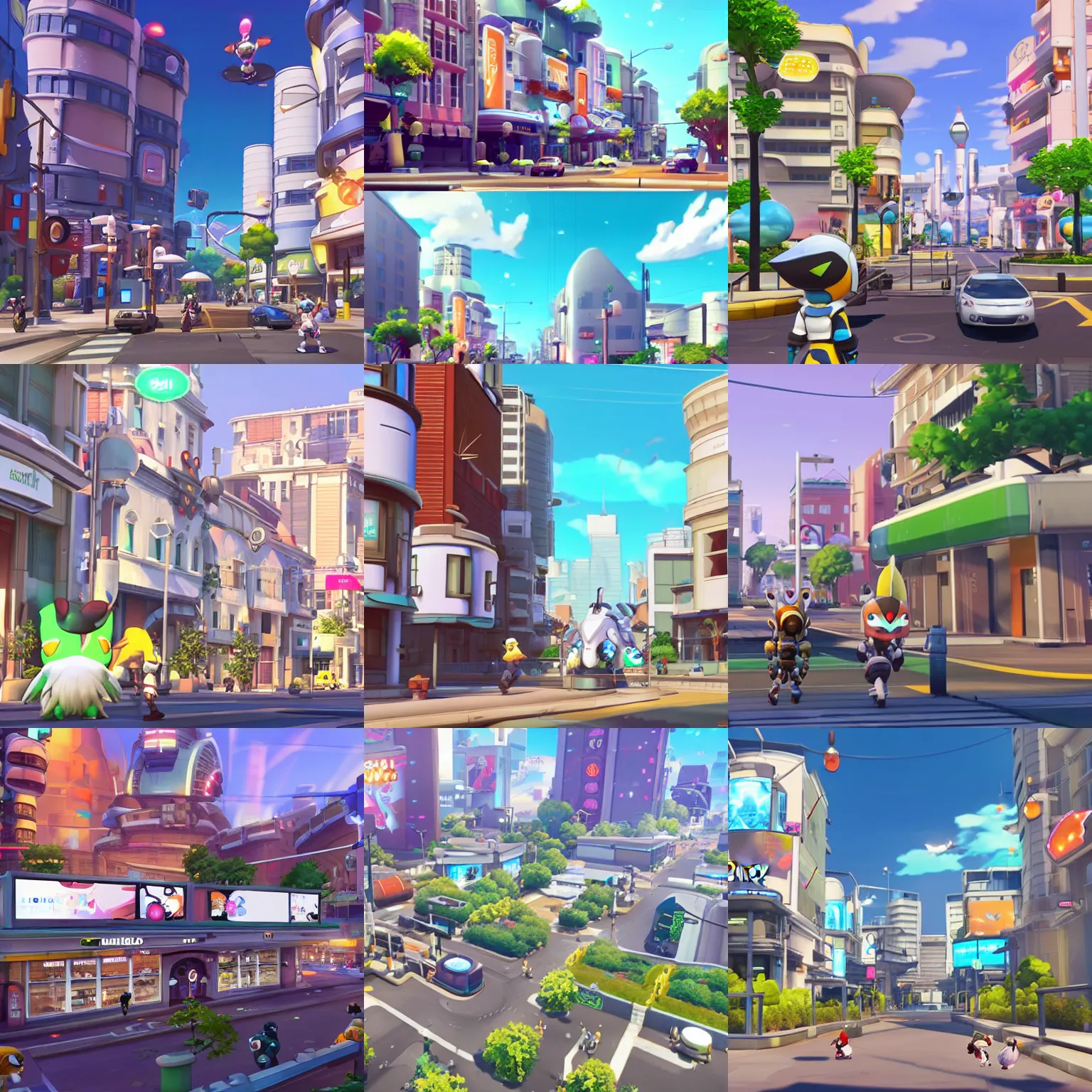 Prompt: a future urban city, white buildings + colorful decorative + led billboards, cute scene, cute pokemon walking on the street, dokev, ratchet & clank, overwatch,