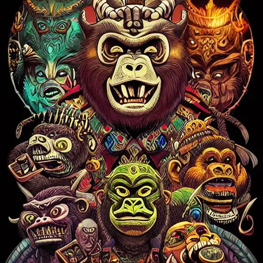 Prompt: barong family, wiwek, mara demon, one single tribe member, jungle, one single mask, dark, ancient warrior, stupid silly dumb gorilla moron, fat lizard, tribal, inner glow, art by dan mumford and justin gerard