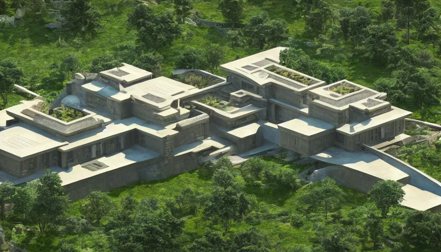 Image similar to villa inspired by tibetan architecture, on a green hill, overlooking a valley with trees, by sant ’ elia frank lloyd wright, zaha hadid, le corbeusier, photorealistic, ray tracing, unreal engine 5, dlsr, 2 4 mm, birds eye view