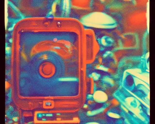 Prompt: wide angle, under water deep sea laboratory, steve zissou, at night, colorful lo fi, polaroid 6 0 0, 1 9 7 5 lightning, data bending, vhs artifacts, vintage science fiction, aquatic plants, colorful swirls of paint, movie set, film noir