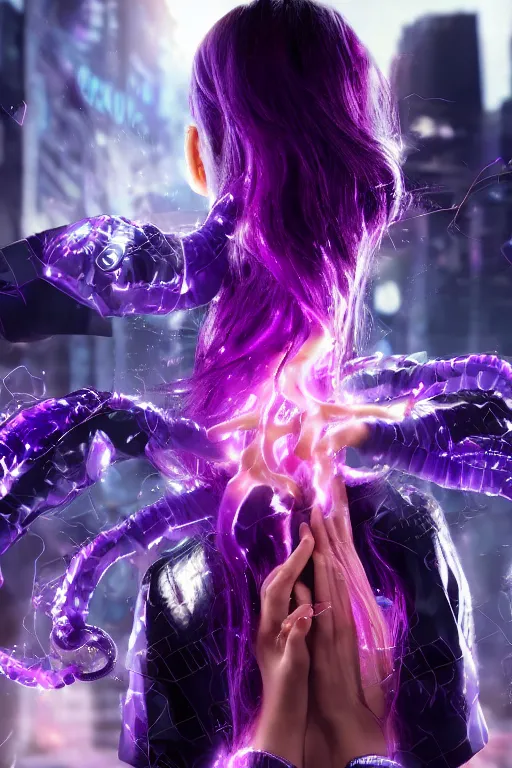 Image similar to young teen with purple tentacled hair from behind with violet flames dancing on her hands with a long jacket in a cyberpunk city, realistic, high definition, 4K, shimmering color, digital art