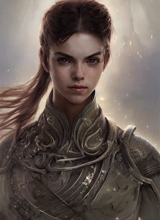 Image similar to a professional portrait of a beautiful young female, clothed in ethereal battle armor, olive skin, long dark hair, beautiful bone structure, symmetrical facial features, intricate, elegant, digital painting, concept art, smooth, sharp focus, finely detailed, illustration, from Valerian and the City of a Thousand Planets, in the style of Ruan Jia and Mandy Jurgens and Artgerm and Greg Rutkowski and William-Adolphe Bouguerea