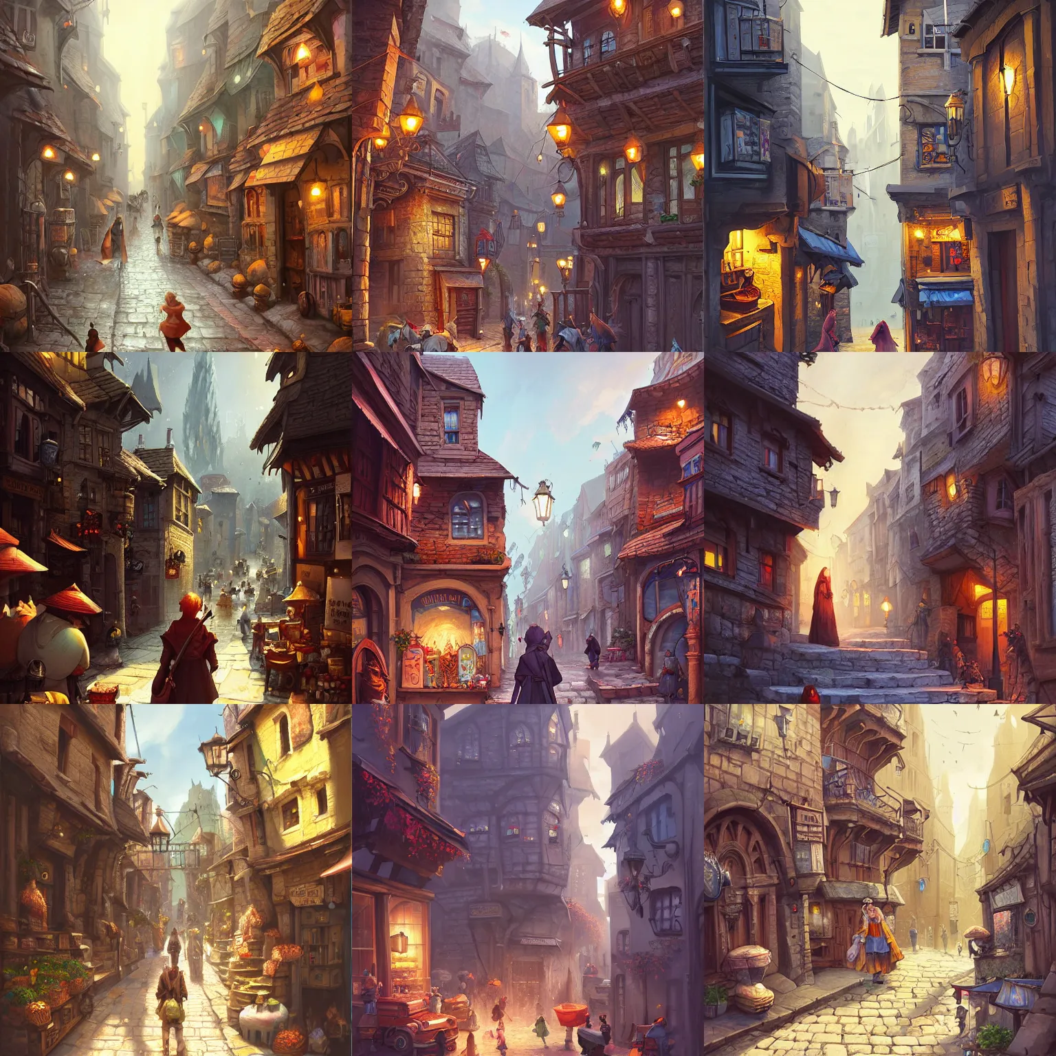 Prompt: a busy street within a fascinating old fantasy city, geometrically accurate, quirky shops, narrow streets, old buildings, old stone steps, street life, by Sylvain Sarrailh, cinematic, stunning composition, beautiful digital painting, oil painting, dungeons and dragons, lord of the rings