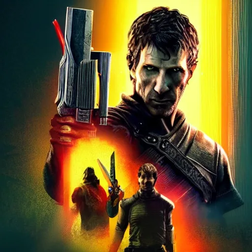 Image similar to todd howard with a switchblade knife, forcing you to buy skyrim, threatening, sharp, cinematic, colorful, digital art, neon, bright, cyberpunk, blade runner 2 0 4 9, realism, bold