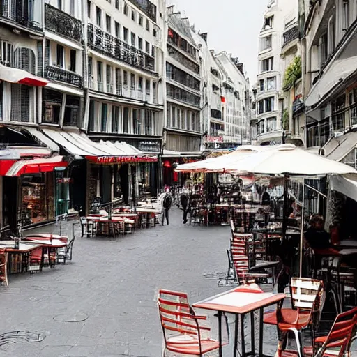 Prompt: une rue de paris vide avec des voitures garees, un restaurant avec une terrasse, des boutiques avec des neons, en debut de matinee en 1 8 2 0