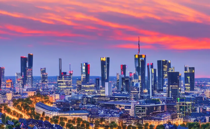 Prompt: frankfurt skyline at sunset, highly detailed, 8 k