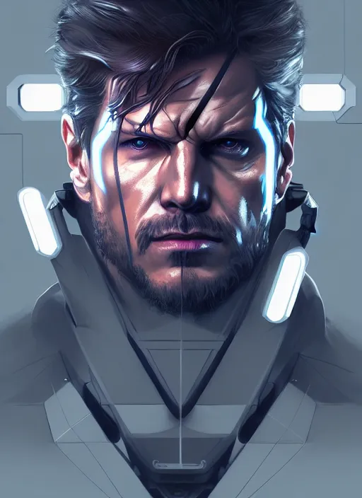 Image similar to symmetry!! portrait of solid snake, metal gear solid, tech wear, glowing lights!! intricate, elegant, highly detailed, digital painting, artstation, concept art, smooth, sharp focus, illustration, art by artgerm and greg rutkowski and alphonse mucha