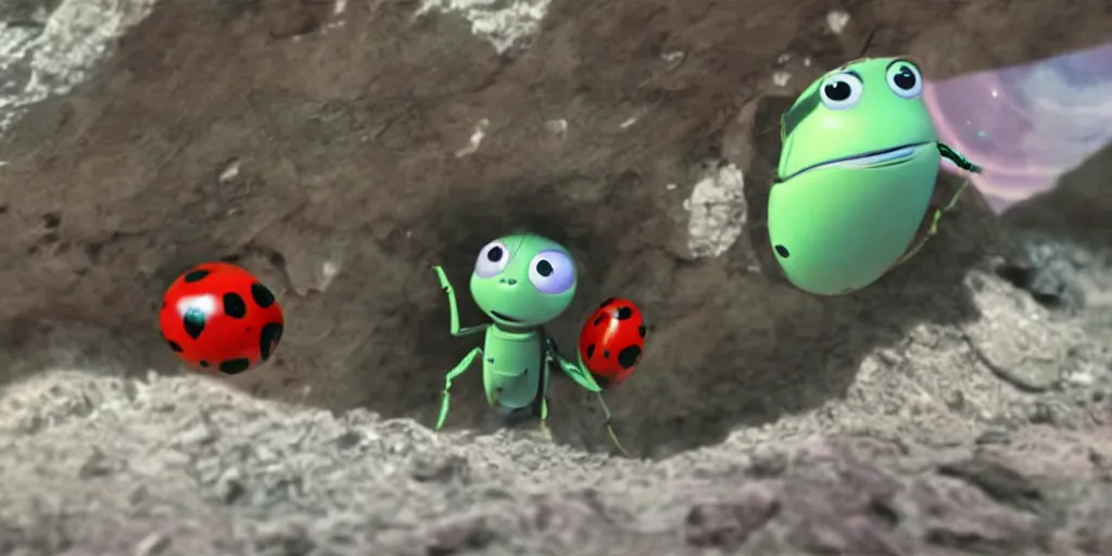 Prompt: a 3 d rendered movie still from a distance of 3 0 m of a ladybug 1 million years from now. the ladybug is sentient, wears tiny spacesuit, and conquered space exploration in a tiny space ship. science fiction blockbuster movie ladybugs rule the world, imax 7 0 mm. buzz lightyear.