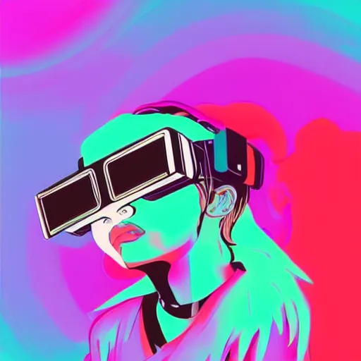 Prompt: vaporwave color scheme, cat wearing a vr headset, vaporwave poster illustration, artstation trending, pinterest