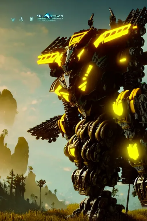 Prompt: a cinematic still from horizon zero dawn, yellow humanoid, yellow bumblebee mech, decepticon armor plating, octane render, nvidia raytracing demo, masterpiece, aged armor plating, aggressive head,