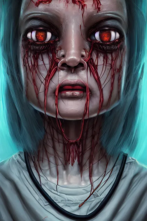 Image similar to cartoon portrait of a creepy horror nurse girl . intricate abstract. intricate artwork. nightmare fuel. terrifying. by Tooth Wu, wlop, dan mumford , trending on artstation, greg rutkowski very coherent symmetrical artwork. cinematic, hyper realism, high detail, octane render, 8k