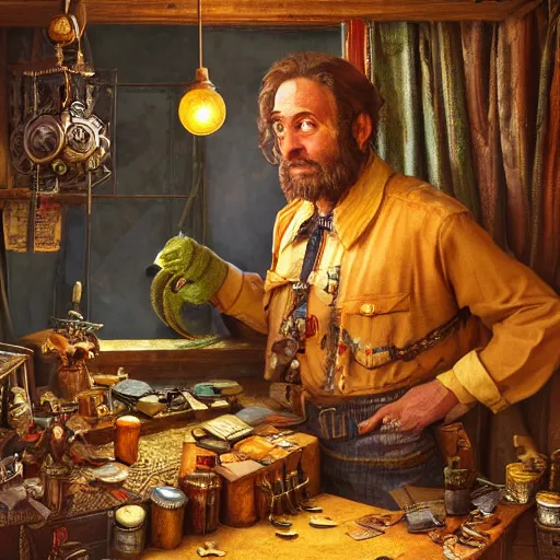 Image similar to A Anthropomorphized parrot trader in his shop, selling his wares, portrait, items, gold, carpet, window, sly expression, cunning expression, D&D, fantasy, intricate, cinematic lighting, highly detailed, digital painting, artstation, concept art, smooth, sharp focus, illustration, art by Greg Rutkowski