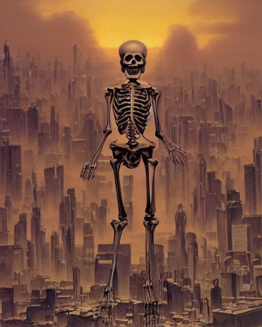 Prompt: a huge human skeleton looming over a city provoking an unsettling emotion, photorealism by Wayne Barlowe