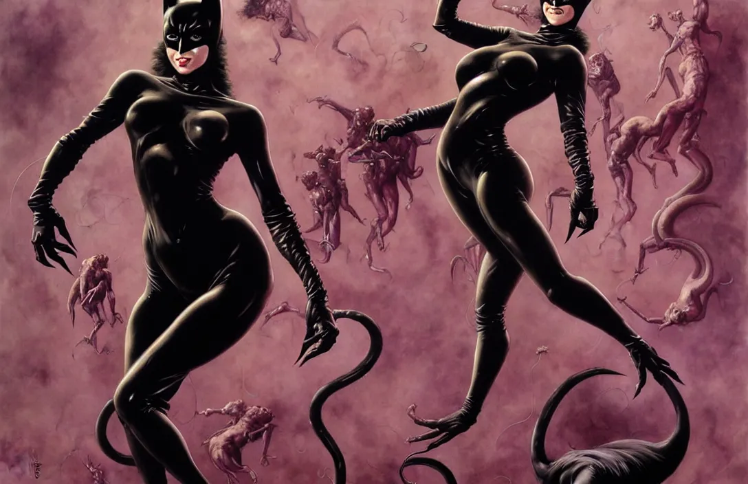 Image similar to cat woman from batman in the style of wayne barlowe, gustav moreau, peter mohrbacher, bussiere, roberto ferri, santiago caruso, luis ricardo falero, austin osman spare, boris vallejo, hajime sorayama, frazetta