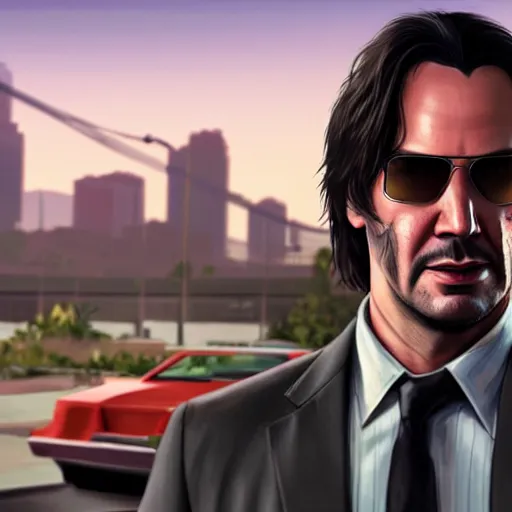 Image similar to Keanu Reeves as a Grand Theft Auto V character, cutscene, hyperdetailed, artstation, cgsociety, 8k