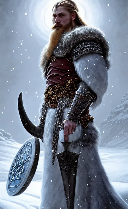 Image similar to moonstone viking warrior, regal, elegant, winter, snow, beautiful, stunning, hd, illustration, epic, d & d, fantasy, intricate, elegant, highly detailed, wide angle, digital painting, artstation, concept art, smooth, sharp focus, illustration, wallpaper, art by artgerm and greg rutkowski and alphonse mucha and jin xiaodi