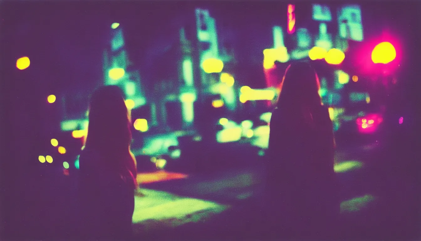 Prompt: colorful instant photograph of a woman in a city at night, polaroid, light leak, raw, nostalgic