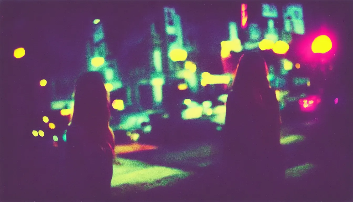 Image similar to colorful instant photograph of a woman in a city at night, polaroid, light leak, raw, nostalgic